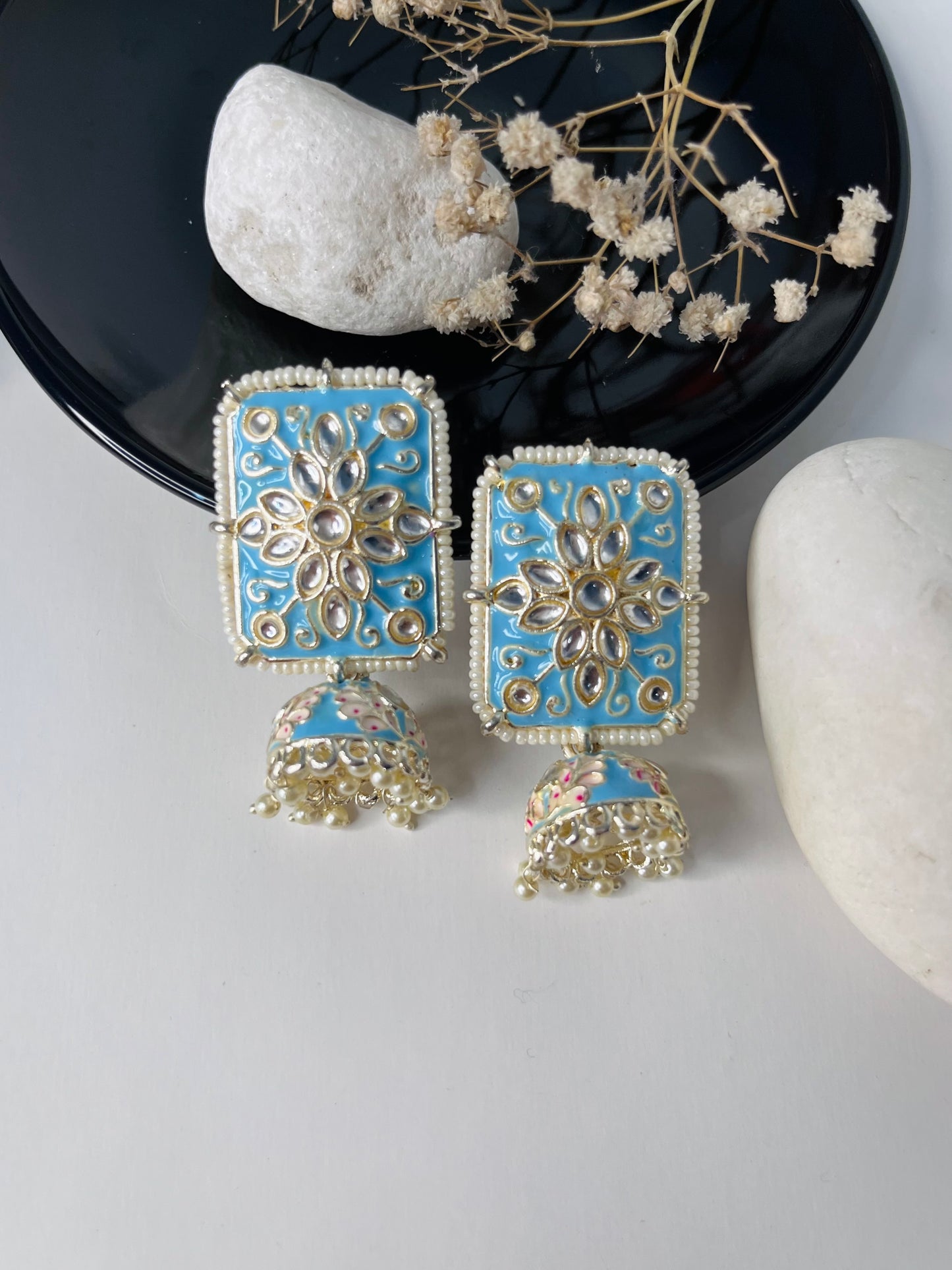 Sky Blue Kundan Meenakari Earrings