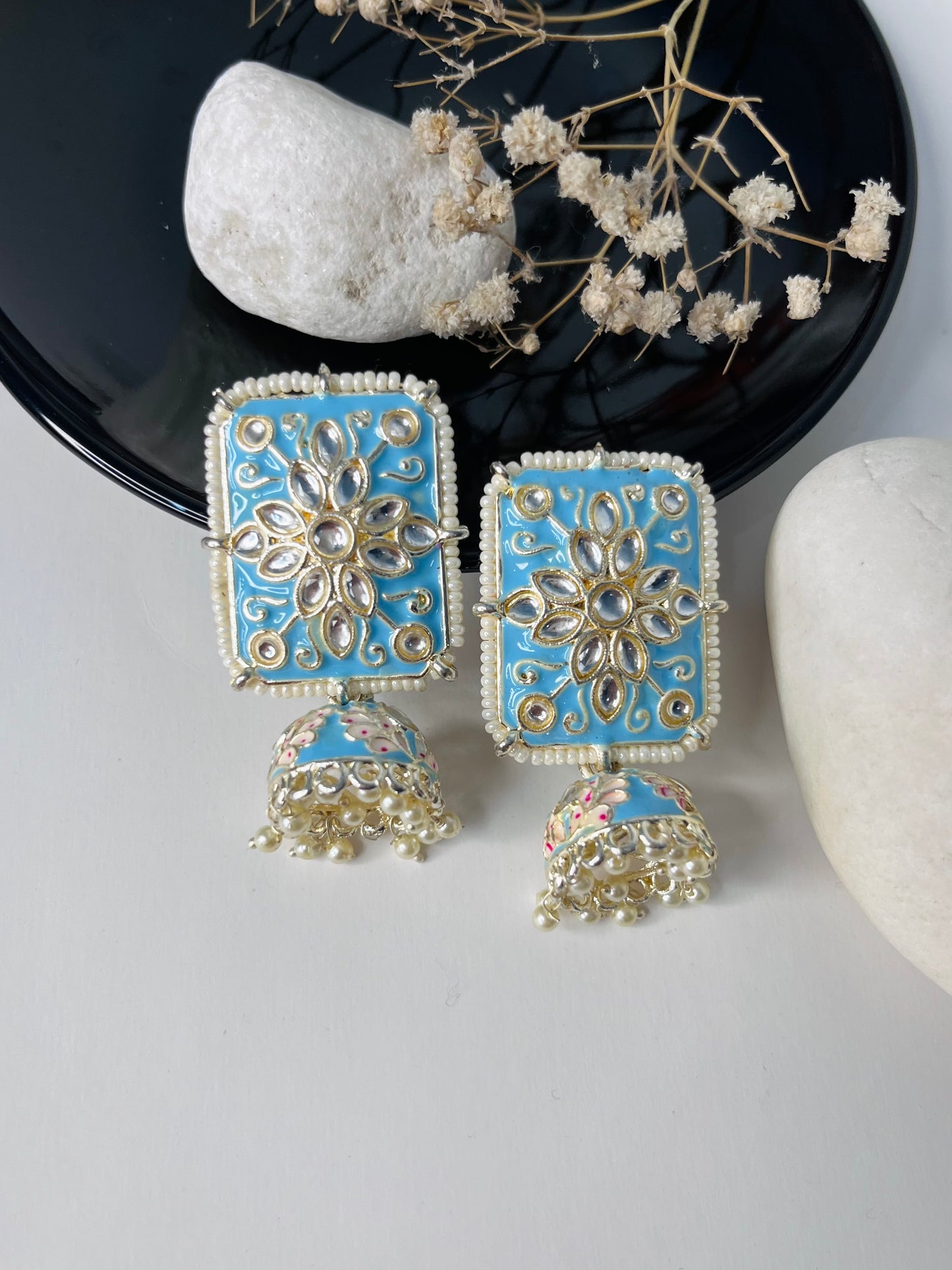 Sky Blue Kundan Meenakari Earrings