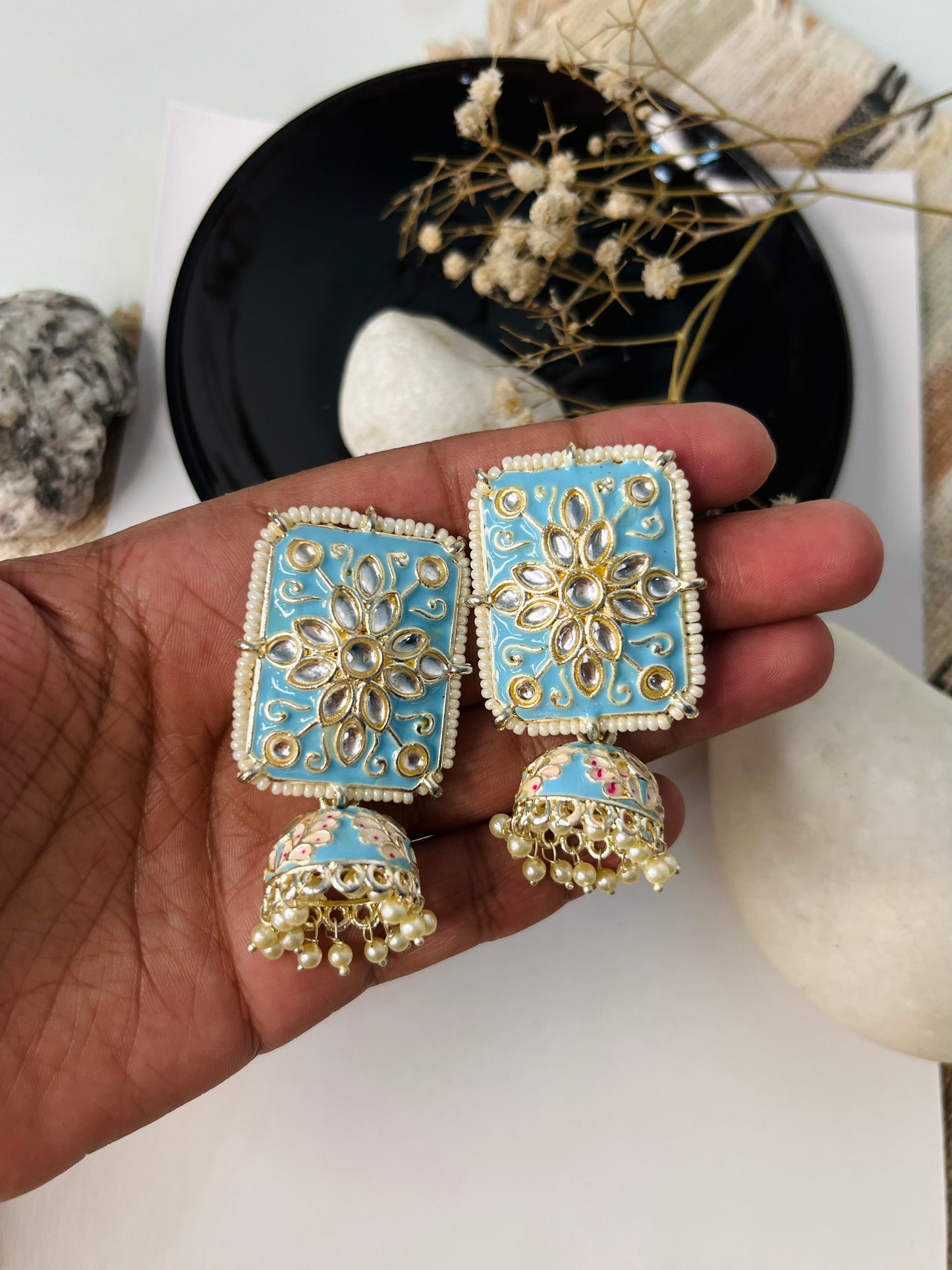 Sky Blue Kundan Meenakari Earrings