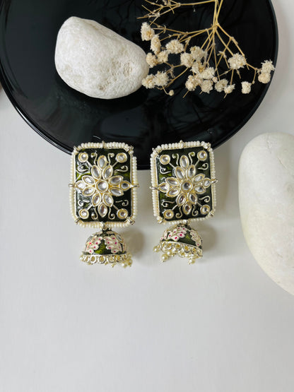 Olive Green Kundan Meenakari Earrings