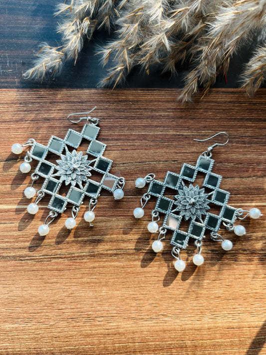 Silver Oxidised Mirror Bloom Earrings