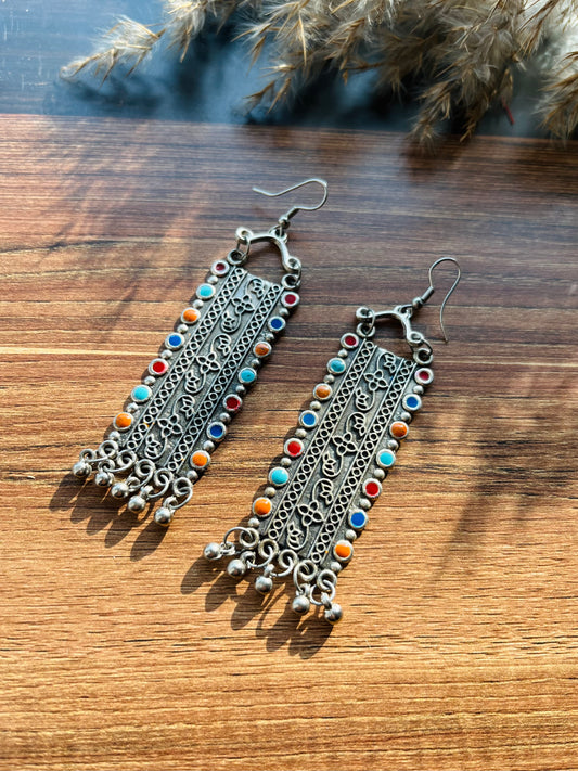 Silver Oxidised Multi-Colored Antique Earrings