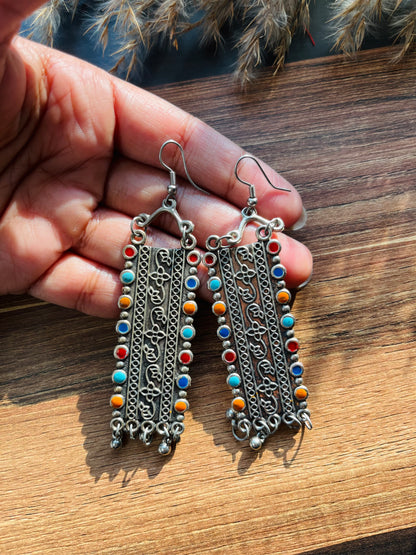 Silver Oxidised Multi-Colored Antique Earrings