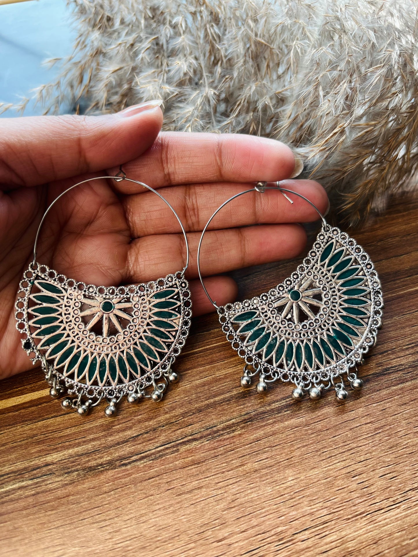 Silver Oxidised Embellished Chand Baali Earrings