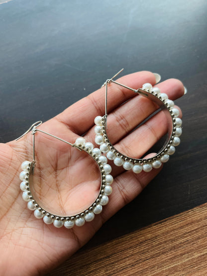 Silver Oxidised Pearl Eternity Hoop Earrings